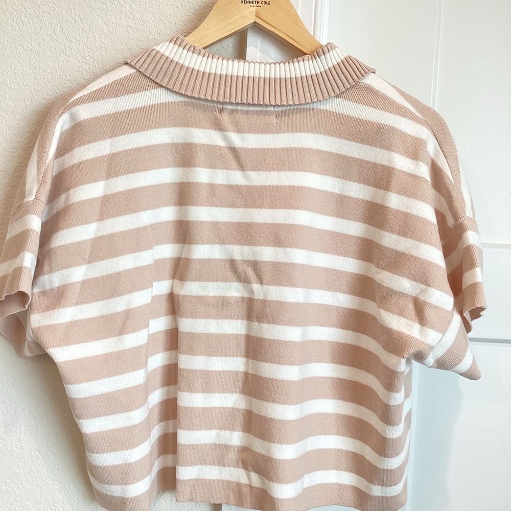 Anthropologie Collared Short Sleeve Sweater Tee Striped Tan White Medium NEW - Picture 8 of 12